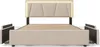 A beige upholstered bed frame with a slatted mattress base and LED lighting around the headboard. Two storage drawers are partially extended on either side. Náhled obrázku produktu