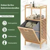 A bamboo laundry cabinet with shelves and a fold-out laundry basket, shown with text and icons highlighting its features and storage capacity. Voir les images du produit