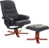 A black leather recliner chair and ottoman are displayed on a white background.