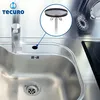 A close-up of a stainless steel sink with a faucet and a drain, with an inset showing a product detail. Produktbild-Vorschau