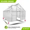 A greenhouse structure with a metal foundation frame, highlighted with arrows and text. Produktbild-Vorschau