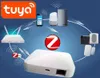 Diagram showing a smart home ecosystem with a router, gateway, smartphone, smart speakers, and sensors connected to the Tuya platform. Produktbild-Vorschau