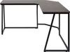 A dark brown L-shaped desk with a black metal frame, shown from a side angle against a white background. Náhled obrázku produktu