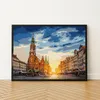 A framed paint-by-numbers kit depicting a European town square at sunset. Podgląd zdjęcia produktu