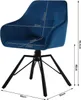 A blue upholstered chair with dimensions indicated by white lines and text. Produktbild-Vorschau