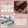 A split image comparing two types of bed storage. The top half shows a bed with a large hydraulic storage compartment underneath, filled with folded items. The bottom half shows a bed with two drawers underneath, containing various small items. Produktbild-Vorschau