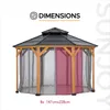 A gazebo with mesh curtains and a dark roof, presented against a white background with text and dimensions. Náhled obrázku produktu