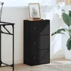 A black wooden filing cabinet with three drawers is placed next to a desk and a plant in a pot. Náhled obrázku produktu