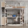 A loft bed with a desk and wardrobe integrated underneath, set in a bedroom. Voir les images du produit