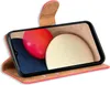 A red flip case for a smartphone is shown open, displaying the phone's screen with a colorful abstract image. Produktbild-Vorschau