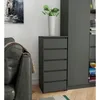 A dark gray dresser with five drawers stands next to a large dark gray cabinet filled with books. A small green plant in a white vase sits on top of the dresser. A dark gray sofa with a fuzzy blanket is partially visible on the left. Produktbild-Vorschau