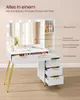 A white vanity table with a lighted mirror and gold legs, featuring various compartments and drawers, with labels pointing out its features. Produktbild-Vorschau