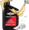 A bottle of Briggs & Stratton 4-stroke engine oil is shown with oil being poured into it, and a diagram of a lawnmower in the background. Náhled obrázku produktu