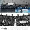 Collage showing different aspects of the tectake garden terrassenfliesen, including close-ups of the material, drainage system, and click mechanism. Náhled obrázku produktu