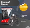 A product image for tattoo sleeves, showing the packaging and the sleeves themselves, with overlaid text highlighting features and target audience. Voir les images du produit