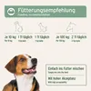 Feeding recommendation chart with illustrations of a dog, cat, and horse, and a photo of a dog. Produktbild-Vorschau