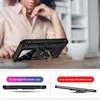 A person is in the background, and a phone case with a ring stand is displayed on a table. Below are two comparison images showing the phone case's protective qualities. Produktbild-Vorschau
