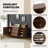 A sideboard with its doors and drawers open, showcasing its storage space and features, with close-up insets highlighting specific components. Produktbild-Vorschau