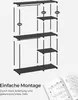 An exploded view diagram of a black shelving unit with assembly instructions and text in German. Produktbild-Vorschau