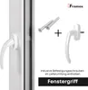 A white window handle and screws are shown against a white background, with a partial view of a white window frame on the left. Anteprima dell’immagine prodotto