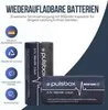 A marketing image showing rechargeable batteries and their features. Produktbild-Vorschau