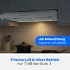 A kitchen range hood is shown above a stovetop, with cooking pots. Produktbild-Vorschau