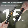Two ultra-thin walkie-talkies are shown, with large numbers indicating their thinness. Produktbild-Vorschau
