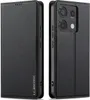 A black flip leather phone case for a Xiaomi Redmi Note 13 Pro 5G is shown from two angles, one closed and one open to reveal the phone inside. Produktbild-Vorschau