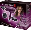The image shows the retail packaging for a Remington hair dryer kit, featuring the product and its accessories, along with a model demonstrating its use. Podgląd zdjęcia produktu