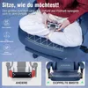 A person sitting on a blue gaming chair, holding a game controller. The image also includes diagrams comparing different chair features. Produktbild-Vorschau