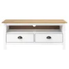 A white TV stand with a wooden top and two drawers, shown against a white background. Náhľad obrázku produktu