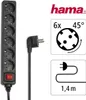 A black power strip with six outlets and a red switch, shown with product information graphics. Voir les images du produit