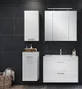 A modern white bathroom vanity set against a dark gray tiled wall. Podgląd zdjęcia produktu