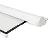 A close-up, angled view of a white retractable projector screen, showing the housing and the screen material with a black border. Produktbild-Vorschau