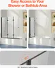 A bathroom scene showing a shower door in both closed and open positions, with a close-up of the folding mechanism. Podgląd zdjęcia produktu