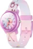 A close-up, studio shot of a children's wristwatch with a purple casing and a fabric strap featuring a ballet theme. Produktbild-Vorschau