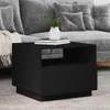 A black side table with a book and a vase with a plant on it, placed in front of a gray sofa. Náhled obrázku produktu