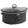 A black Strex slow cooker with a glass lid and a control dial on a white background. Voir les images du produit