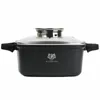 A black pot with a glass lid and silver handles, shown from the front on a white background. Produktbild-Vorschau