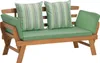 A wooden garden bench with green cushions and striped pillows, shown against a white background. Produktbild-Vorschau