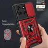 A hand is holding a red and black phone case with a ring holder and camera cover. Produktbild-Vorschau