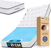 A mattress is shown with a cutaway revealing its layers, alongside its packaging. Produktbild-Vorschau
