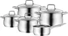 A set of five stainless steel pots and pans with glass lids, arranged on a white background. Náhľad obrázku produktu
