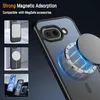 A close-up of a phone case with a magnetic ring, showing its compatibility with MagSafe accessories. Inset images demonstrate the magnetic adsorption and car mount usage. Anteprima dell’immagine prodotto