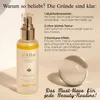 A product shot of a facial serum bottle with accompanying marketing text and a decorative glass sphere. Produktbild-Vorschau