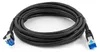A coiled black network cable with blue RJ45 connectors on both ends, presented on a white background. Produktbild-Vorschau