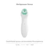A white digital thermometer with a green tip is centered on a white background. Text above and below the thermometer describes its features and certifications. Produktbild-Vorschau