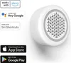 A white smart alarm siren with various compatibility logos and app store download buttons. Produktbild-Vorschau