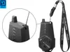 A black fishing bite alarm with a lanyard is shown, with a close-up inset of its top section. Produktbild-Vorschau