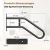 A diagram showing the dimensions of a black handrail, with a mounting plate shown below. Voir les images du produit